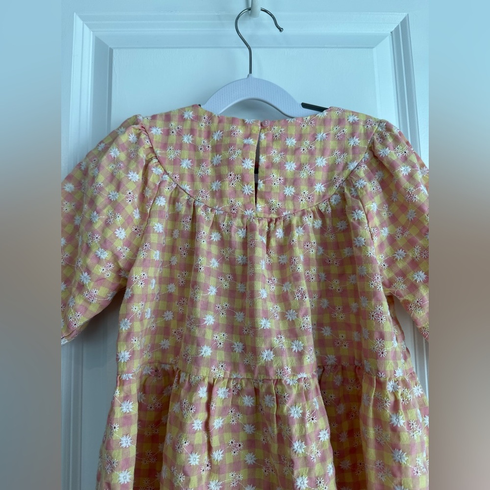 Zara Girls Gingham Floral Embroidered Puff Sleeve Dress Pink Size 4-5 - Picture 4 of 5